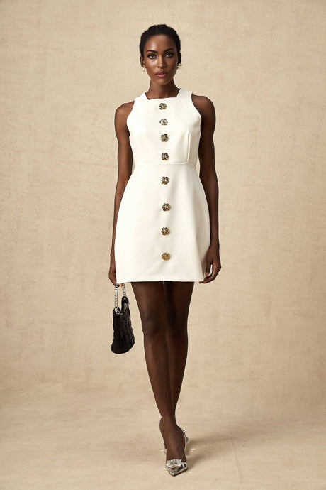 Adrielle Mini Dress With Puff Skirt - Decorative Buttons - Sleeveless - Zip Back