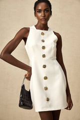 Adrielle Mini Dress With Puff Skirt - Decorative Buttons - Sleeveless - Zip Back