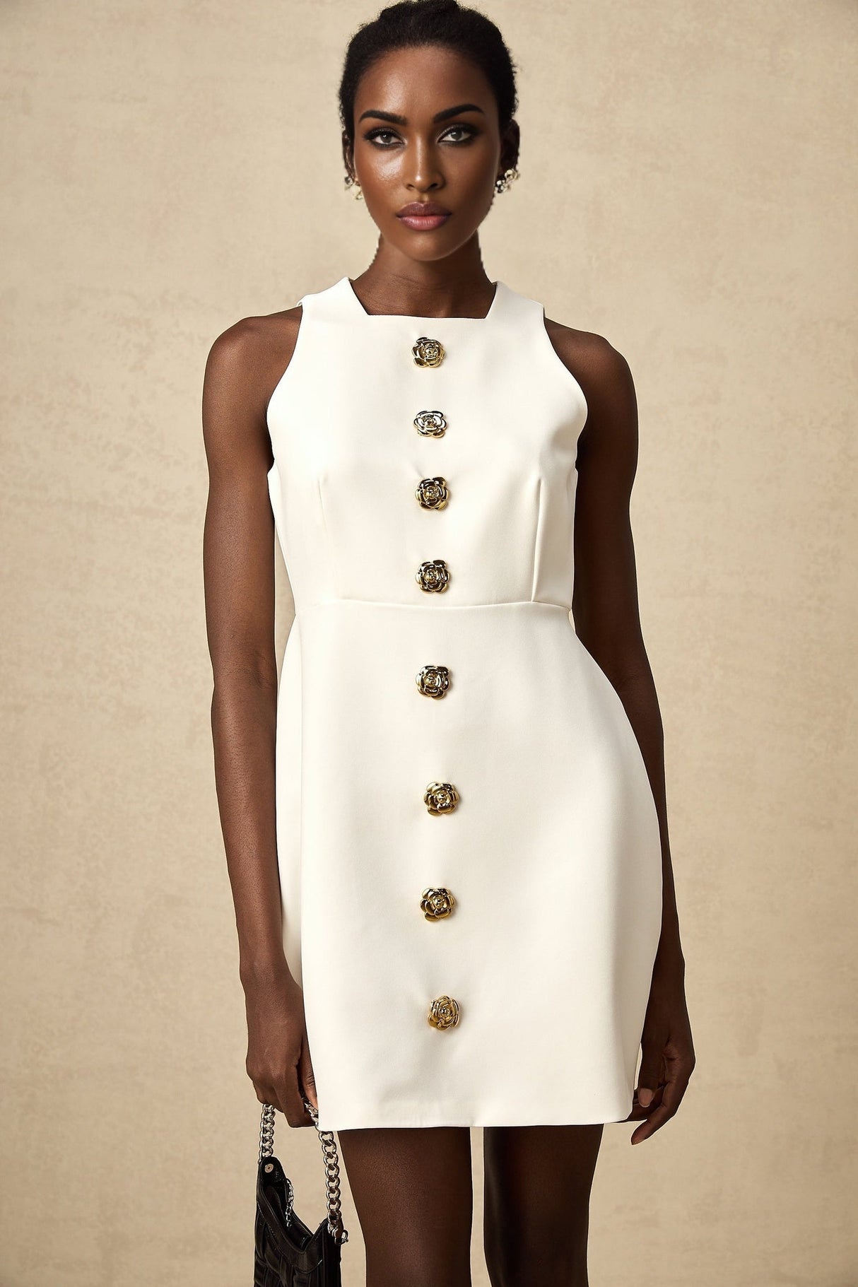 Adrielle Mini Dress With Puff Skirt - Decorative Buttons - Sleeveless - Zip Back