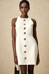 Adrielle Mini Dress With Puff Skirt - Decorative Buttons - Sleeveless - Zip Back