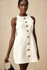 Adrielle Mini Dress With Puff Skirt - Decorative Buttons - Sleeveless - Zip Back