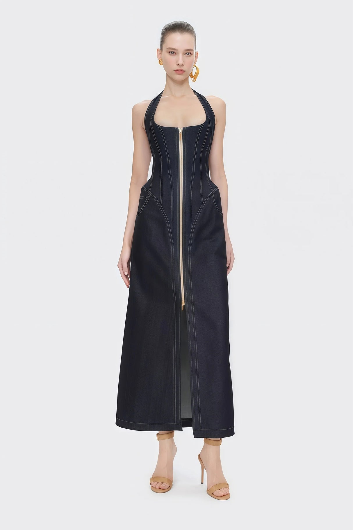 Adrienne black denim frontslit contraststitching maxi dress