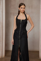 Adrienne black denim frontslit contraststitching maxi dress