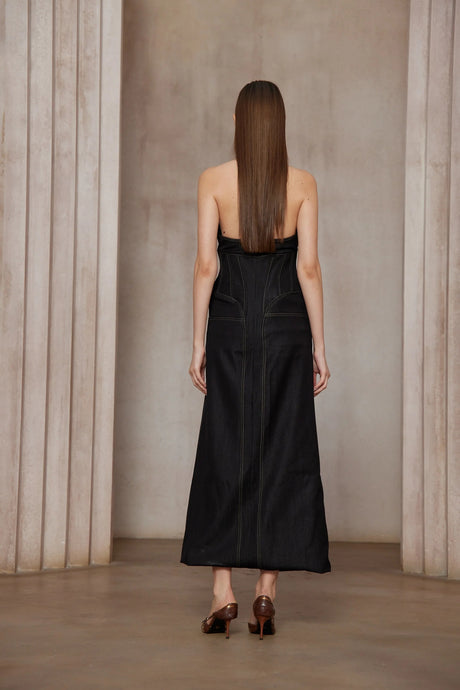 Adrienne black denim frontslit contraststitching maxi dress