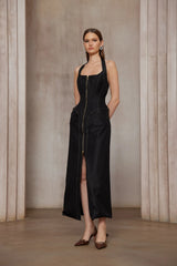 Adrienne black denim frontslit contraststitching maxi dress