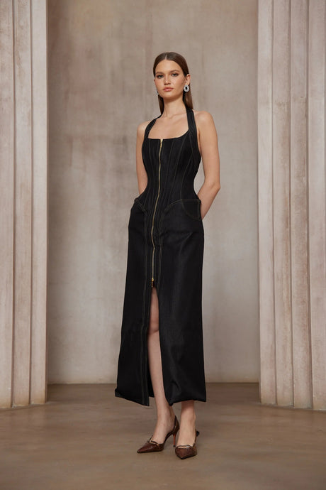 Adrienne black denim frontslit contraststitching maxi dress