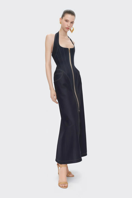 Adrienne black denim frontslit contraststitching maxi dress