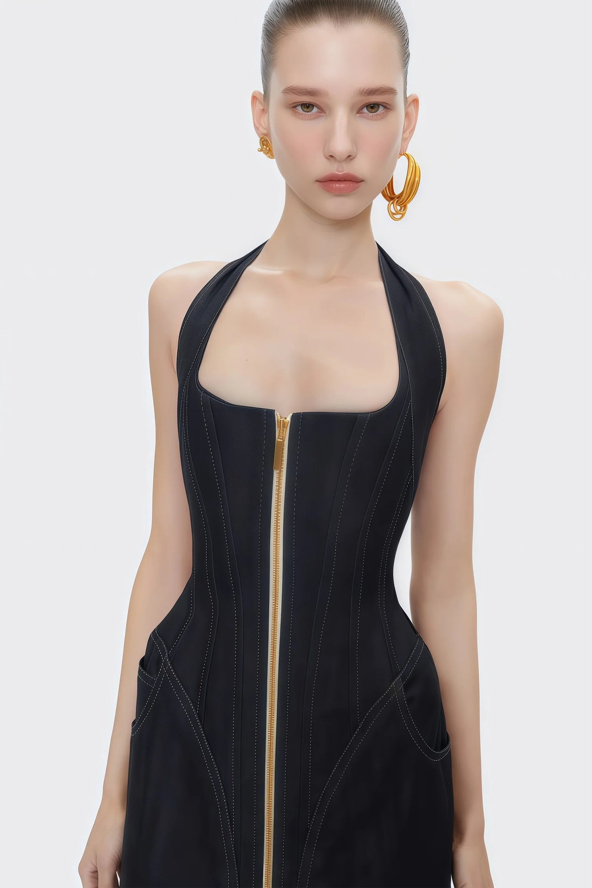 Adrienne black denim frontslit contraststitching maxi dress
