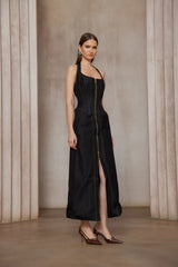 Adrienne black denim frontslit contraststitching maxi dress