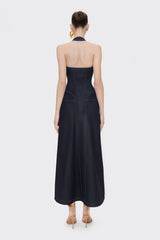 Adrienne black denim frontslit contraststitching maxi dress
