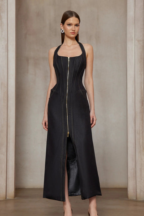 Adrienne black denim frontslit contraststitching maxi dress