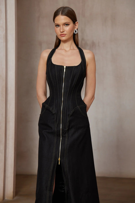 Adrienne black denim frontslit contraststitching maxi dress