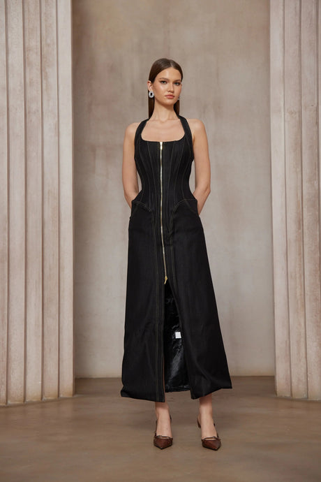 Adrienne black denim frontslit contraststitching maxi dress