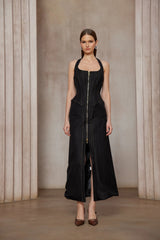 Adrienne black denim frontslit contraststitching maxi dress