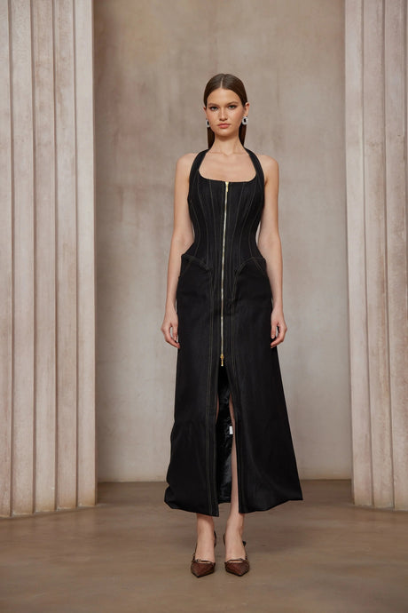 Adrienne black denim frontslit contraststitching maxi dress