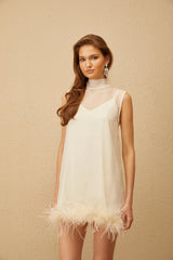 Adrienne White Feather Trim Mini Dress