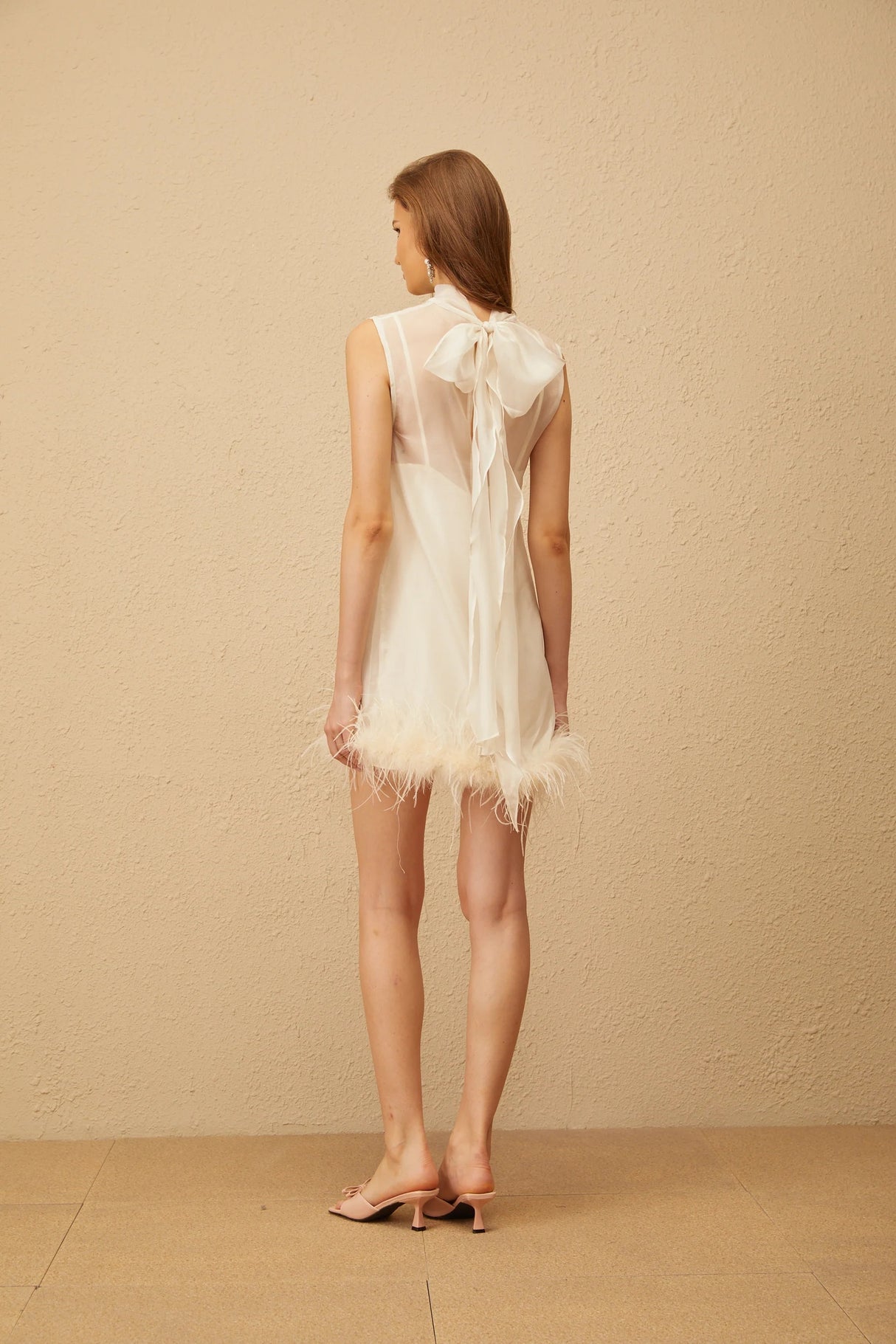 Adrienne White Feather Trim Mini Dress