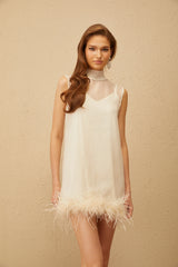 Adrienne White Feather Trim Mini Dress