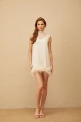 Adrienne White Feather Trim Mini Dress