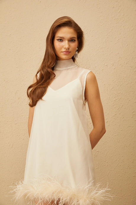 Adrienne White Feather Trim Mini Dress