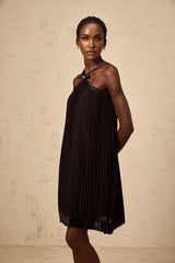 Agata Mini Dress Black Pleated Bow Detail & Rear Zip Knee Length