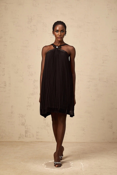 Agata Mini Dress Black Pleated Bow Detail & Rear Zip Knee Length