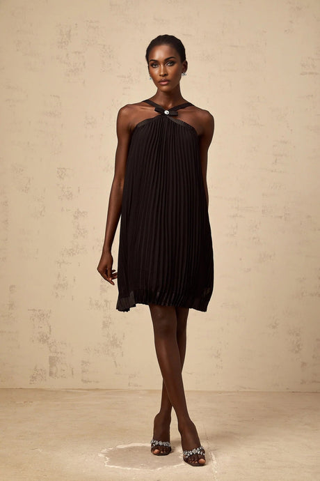 Agata Mini Dress Black Pleated Bow Detail & Rear Zip Knee Length