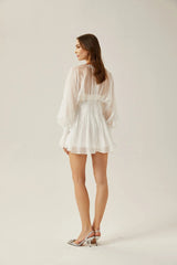 Agata Mini Dress - Plunging V Neck - Semi - Sheer - Cinched Waist - Puff Sleeves