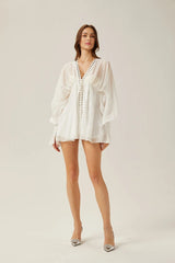 Agata Mini Dress - Plunging V Neck - Semi - Sheer - Cinched Waist - Puff Sleeves