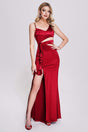 Agata Red Satin Cutout Waist High Slit Ruffle Evening Dress