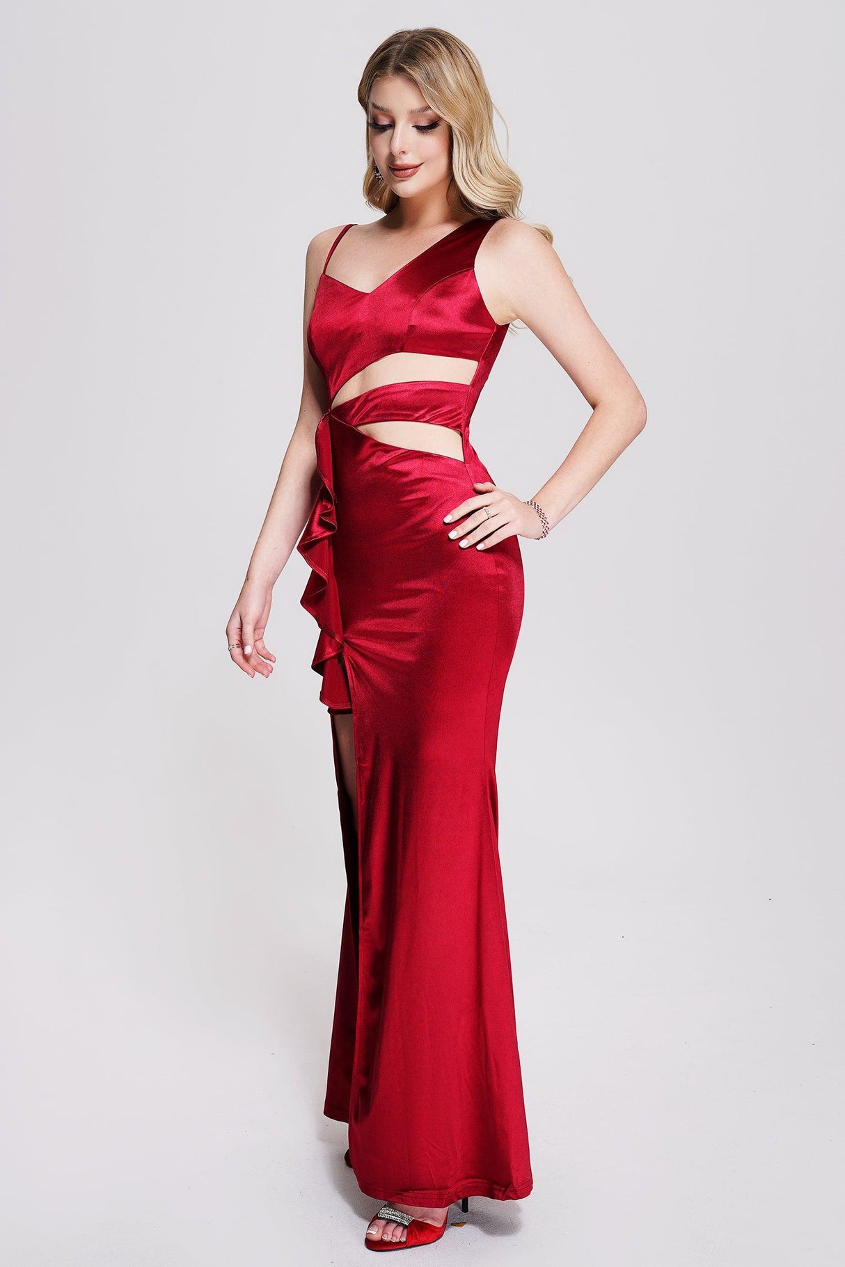 Agata Red Satin Cutout Waist Slit Ruffle Evening Dress