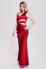 Agata Red Satin Cutout Waist Slit Ruffle Evening Dress