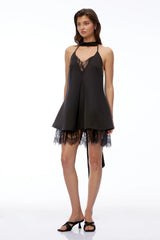 Agathe Black VNeck Mini Dress with Lace Trim