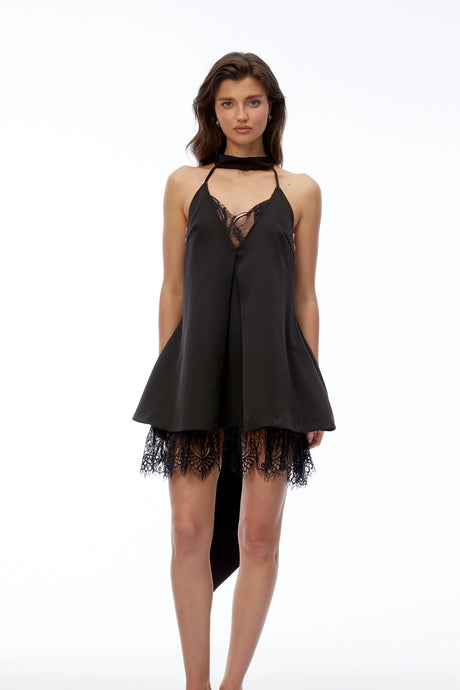 Agathe Black VNeck Mini Dress with Lace Trim