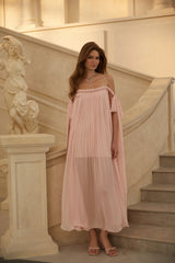 Agathe Pink Braid Detail Pleated Maxi Dress