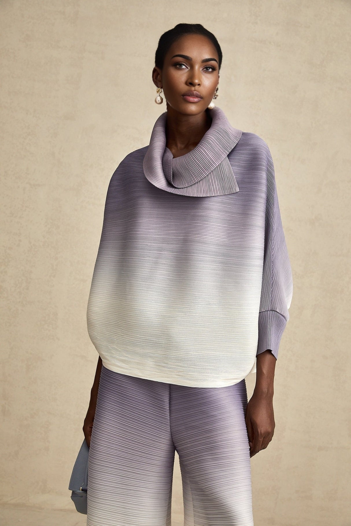 Agathe purple gradient wrinkled blouse  trousers matching set