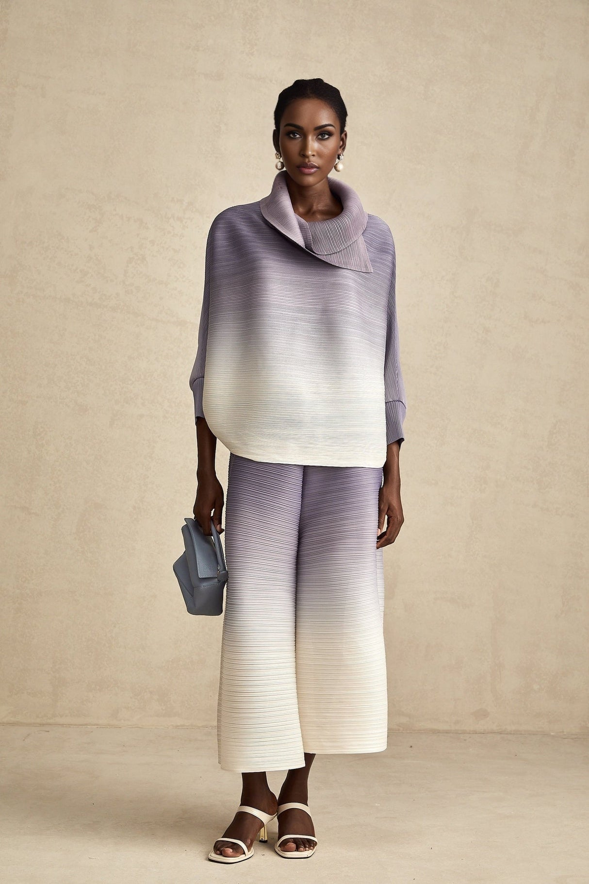Agathe purple gradient wrinkled blouse  trousers matching set