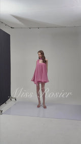 Agathe Rose Pink Off Shoulder Ruched Mini Dress with Ribbon