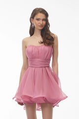 Agathe Rose Pink Off Shoulder Ruched Mini Dress with Ribbon