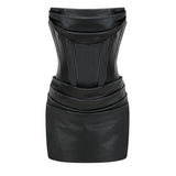 Agnes Black Ruched Leather Bodycon Mini Dress
