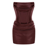 Agnes Brown Ruched Leather Bodycon Mini Dress