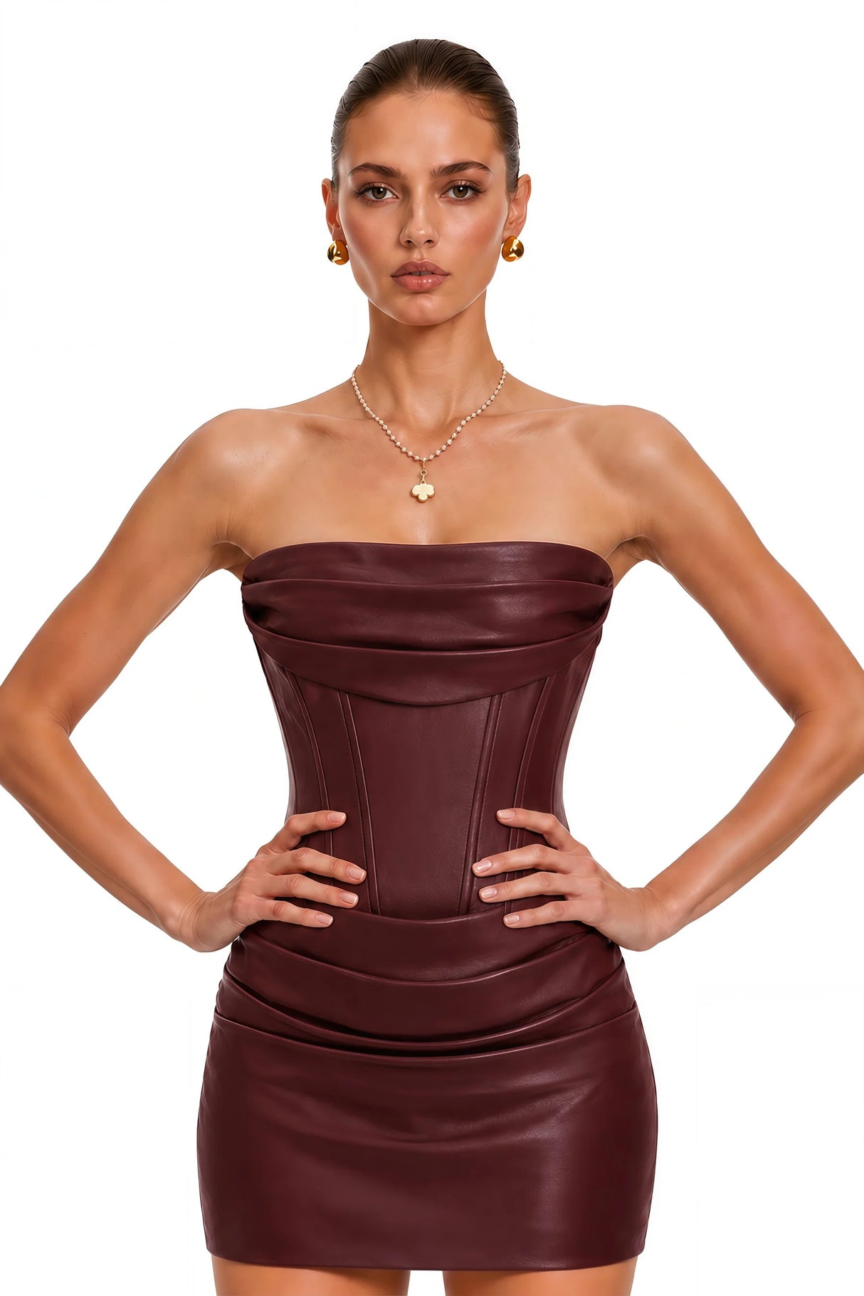 Agnes Brown Ruched Leather Bodycon Mini Dress