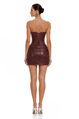 Agnes Brown Ruched Leather Bodycon Mini Dress