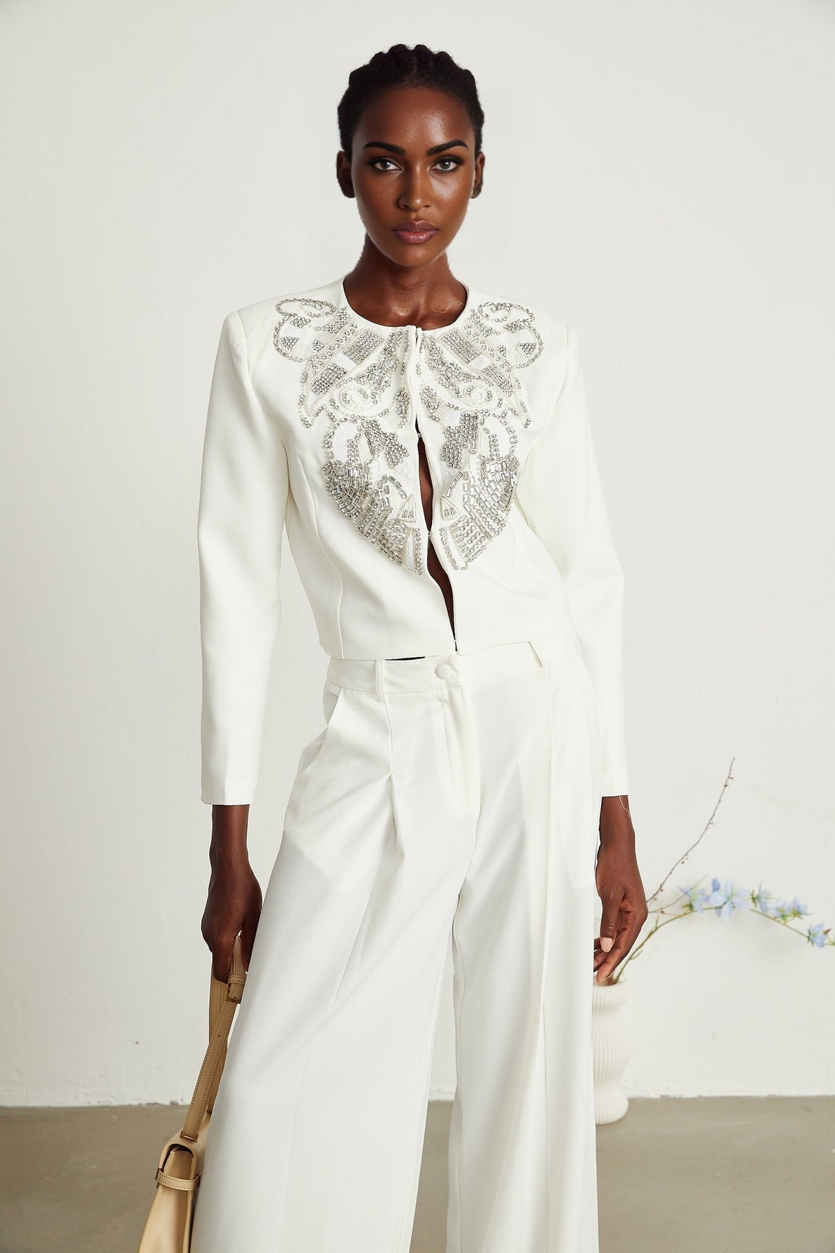 Agnès white embellished jacket  trousers matching set