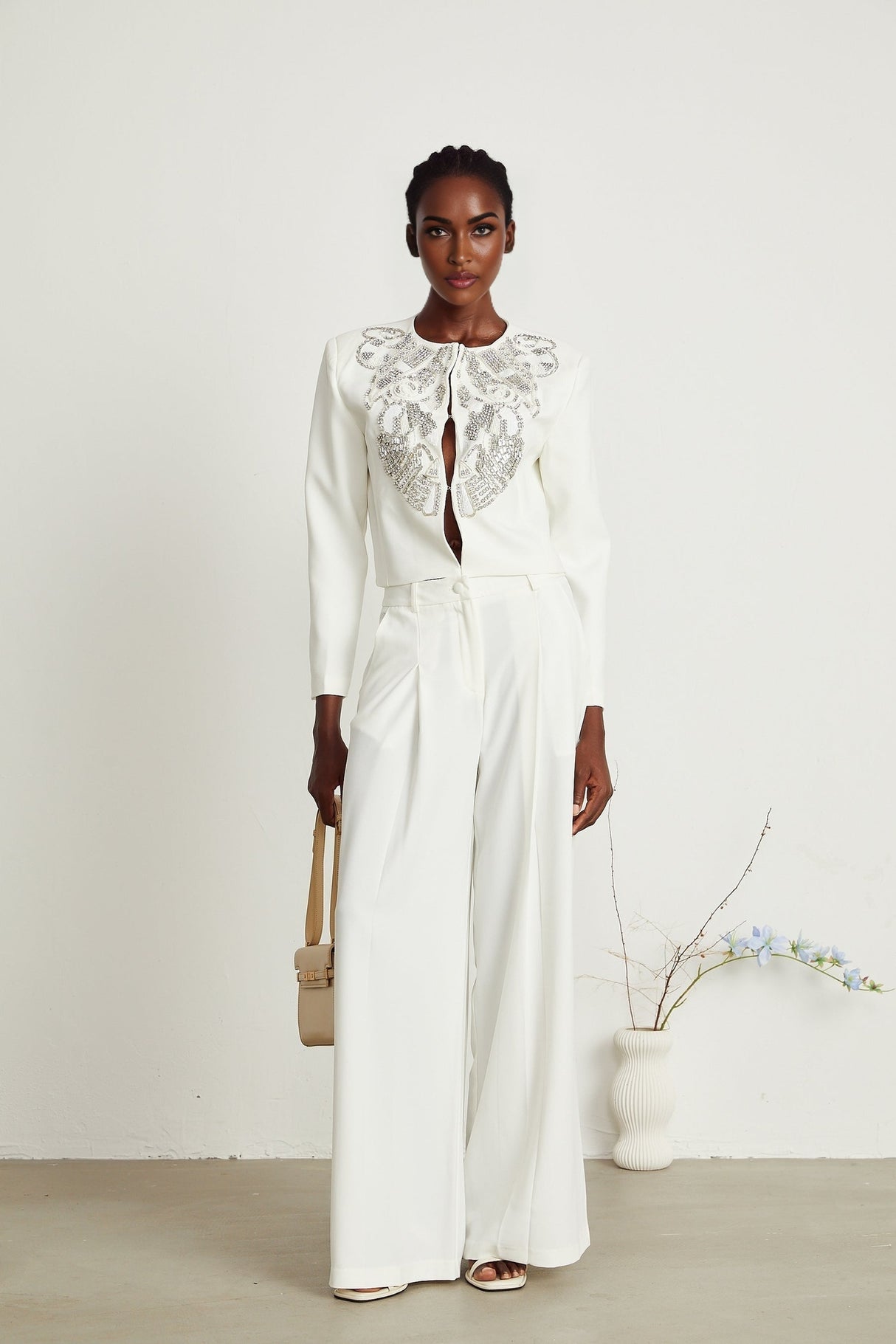 Agnès white embellished jacket  trousers matching set