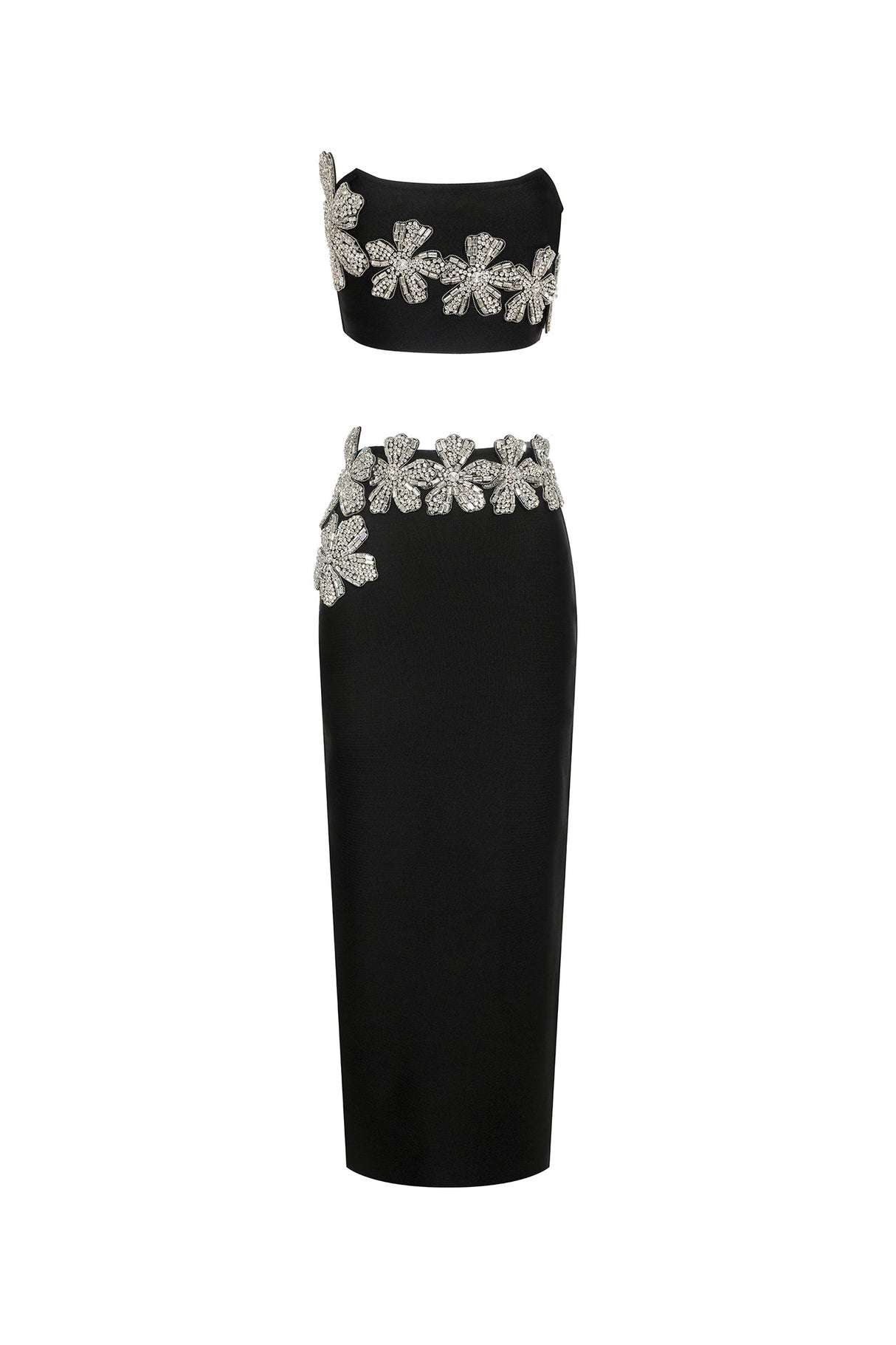 Agnese Black Floral Diamond Embellished Strapless Dress