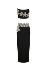 Agnese Black Floral Diamond Embellished Strapless Dress