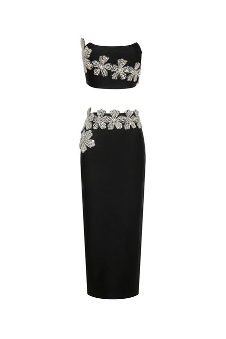 Agnese Black Floral Diamond Embellished Strapless Dress