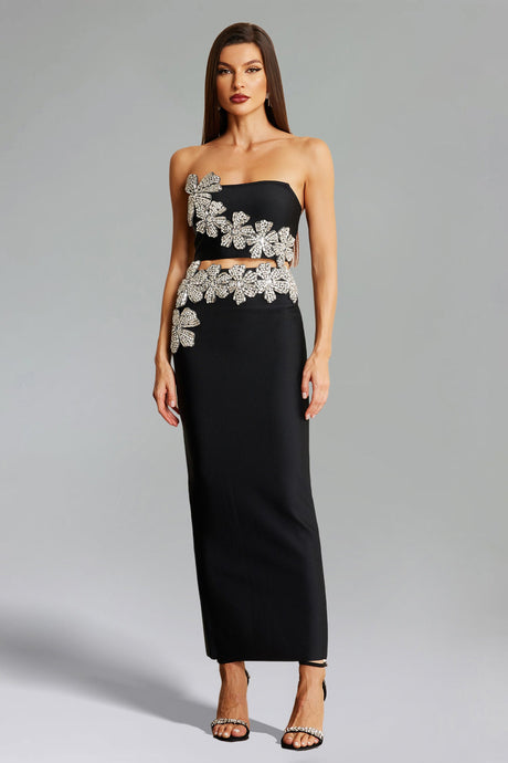 Agnese Black Floral Embellished Diamond Strapless Dress