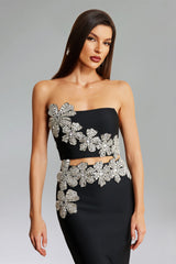 Agnese Black Floral Embellished Diamond Strapless Dress